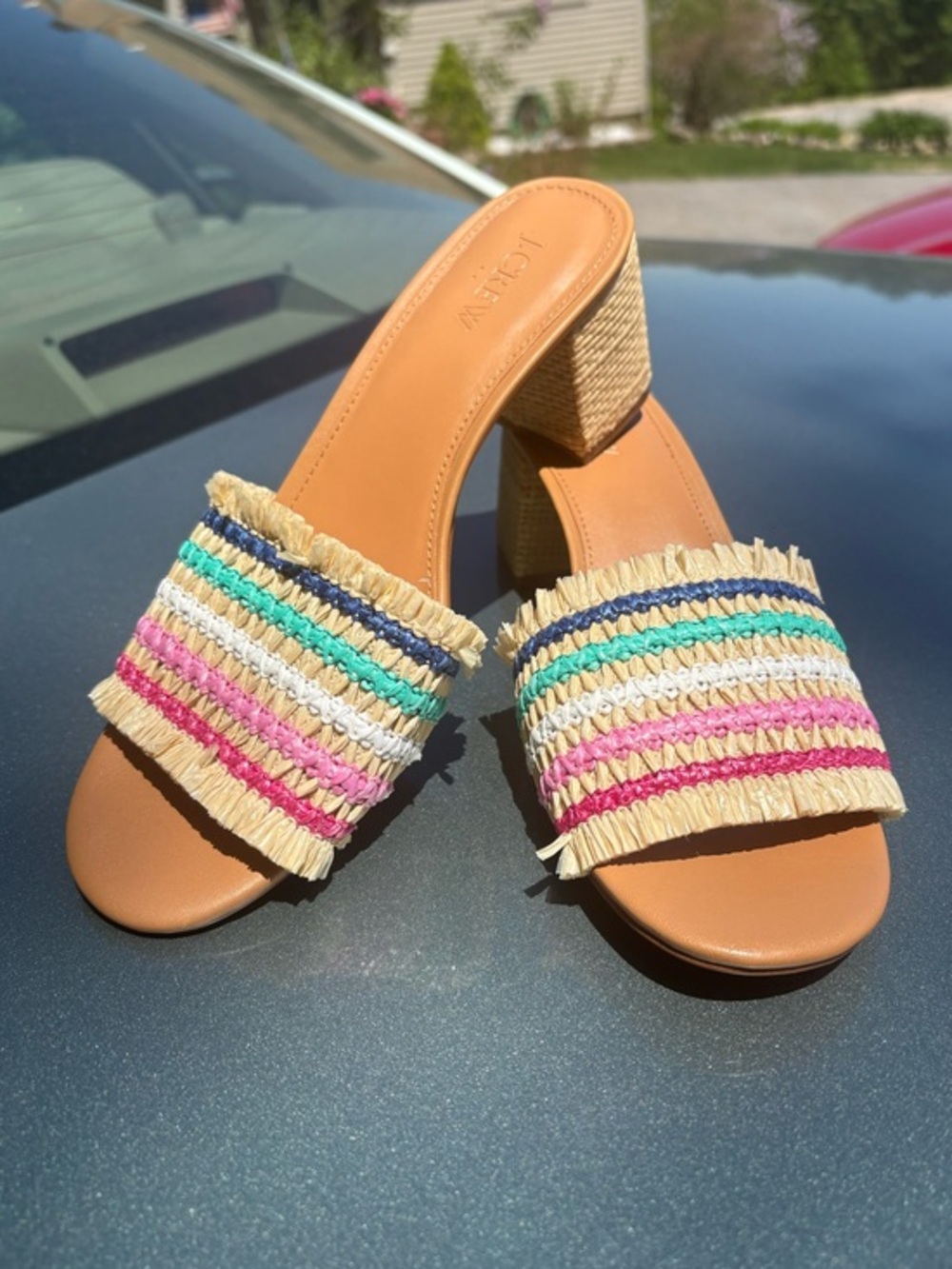 JCrew Raffia Fringe Chunky Heel woven Size 9